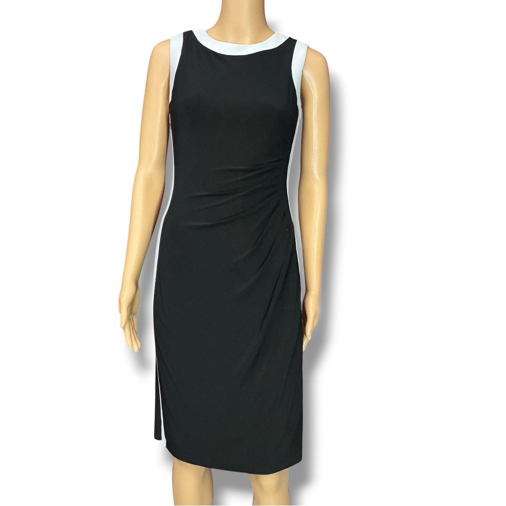 LAUREN Ralph Lauren Black Contrast White Trim Ruched Jersey Sheath Dress